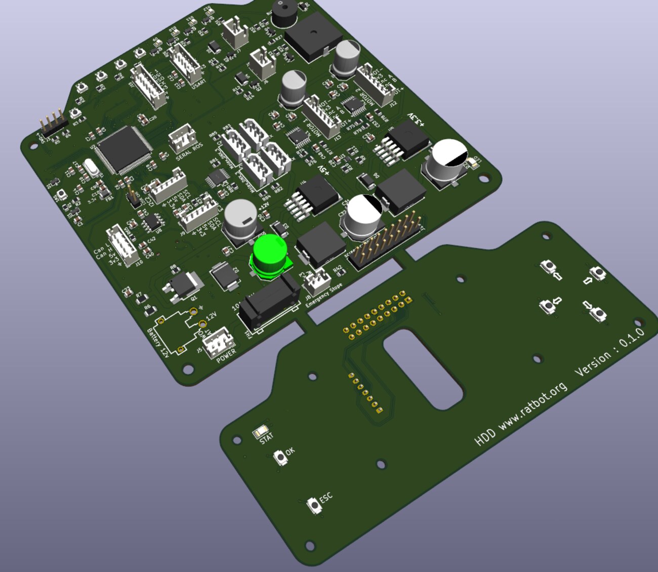 Custom Ratbot electronics: the main STM32H750 board and the control panel, top view.